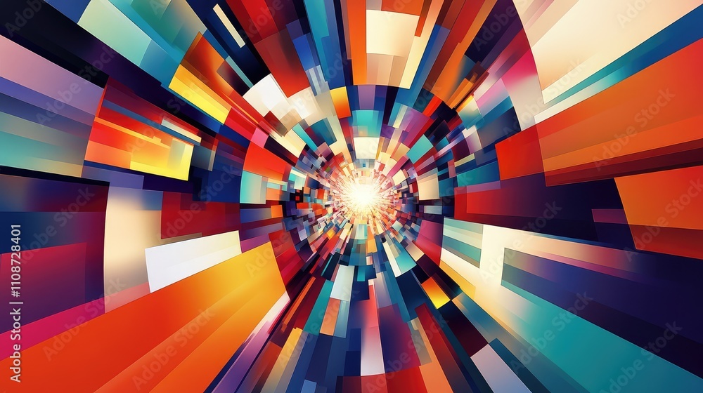 Poster abstract pixelated illusion design with vibrant geometric shapes that create a sense of infinite dep