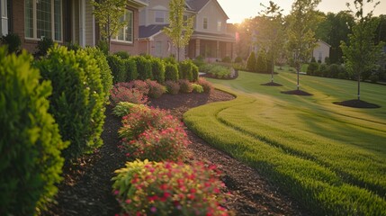 Obraz premium Beautifully manicured lawn and flowerbed with shrubs in sunny residential backyard setting