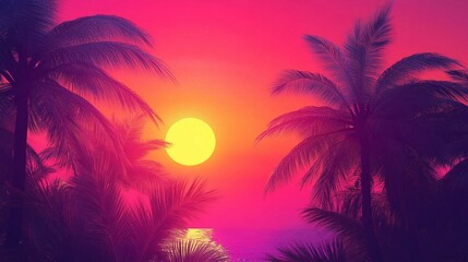 Obraz premium a sunset with palm trees in the foreground