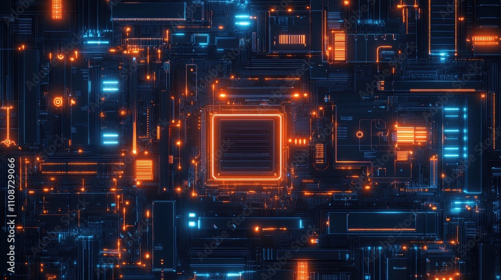 Poster futuristic circuit board with neon lights and digital patterns