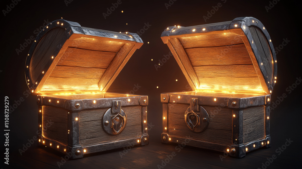 Poster closed and open wooden chest box with metal frame. empty and with magic light coffer with wood textu