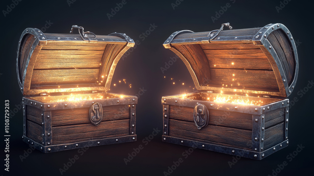 Poster closed and open wooden chest box with metal frame. empty and with magic light coffer with wood textu