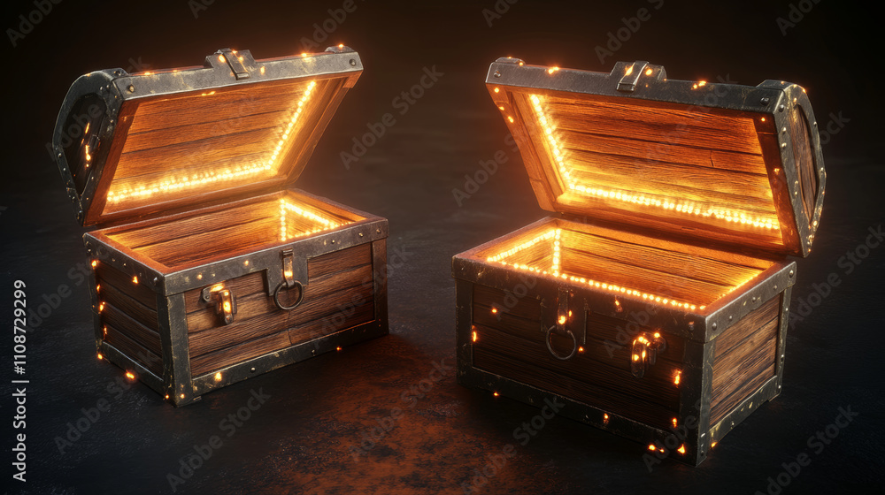 Poster closed and open wooden chest box with metal frame. empty and with magic light coffer with wood textu