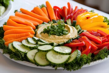 A plate of vegetables including carrots, cucumbers, and peppers