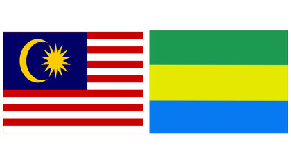 Malaysia national flag with Gabon Official flag, both countries flags are in Horizontal shape and isolated on white background. Rectangular colorful design Flag with together