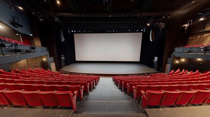 Naklejka premium Empty theater interior with rows of red seats and large screen