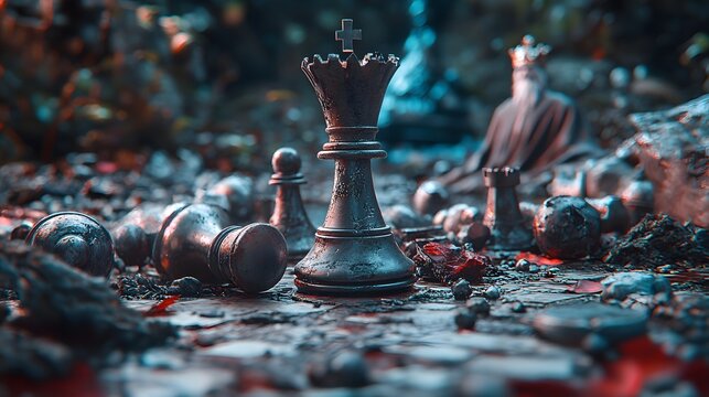 Dark fantasy chess queen amidst fallen pieces on a ruined battlefield.