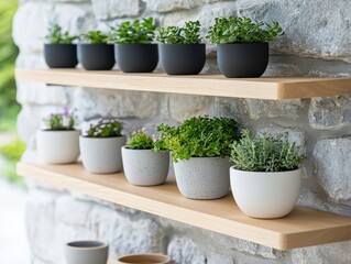 Fototapeta premium Modern Indoor Garden with Potted Plants on Wooden Shelves