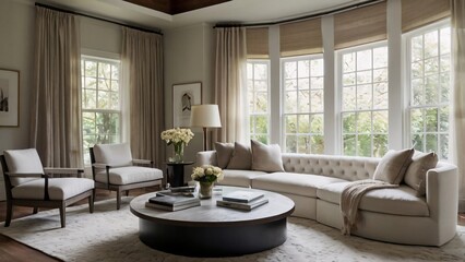 Fototapeta premium Serene Living Room with White Sectional Sofa and Chic Decor V7