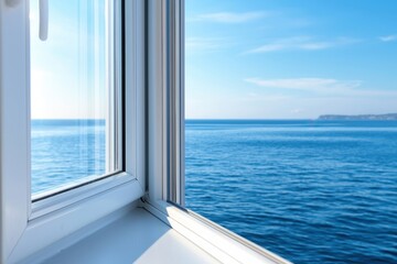 Fototapeta premium A window overlooking the ocean with a clear blue sky