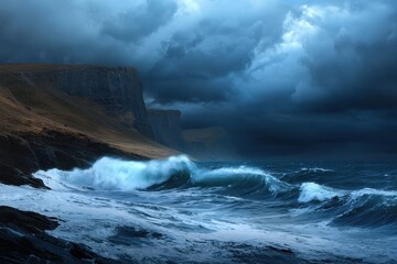 Obraz premium A stormy ocean with a large wave crashing against the shore