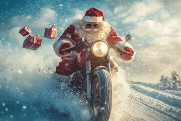 Santa Claus riding a motorcycle in snowy forest, delivering gifts with a bag on the back.