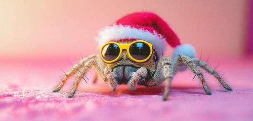A playful, high-quality image of a cute spider wearing yellow sunglasses and a red Santa hat, set against a soft pink background.