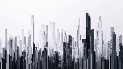 An abstract pixel art representation of a city skyline, with buildings formed by blocks of various shades of grey and black