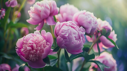Obraz premium Close-up of pink peonies, showcasing beautiful fresh-cut flowers for a catalog or online store. Floral shop concept.