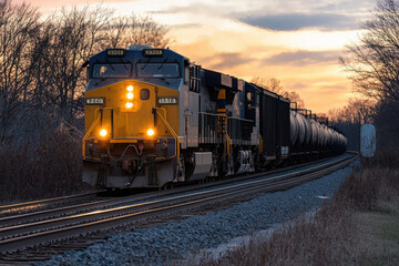 A train is traveling down the tracks with a sunset in the background