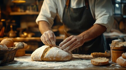 Bauernbrot is lovingly crafted in a rustic kitchen, where a baker expertly shapes the dough amidst flour-dusted surfaces, creating an inviting atmosphere of tradition and warmth.