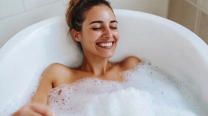 A serene woman enjoys a foamy bubble bath, her face radiating relaxation and contentment, embodying a moment of personal tranquility and indulgence.