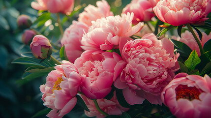 Fototapeta premium Close-up of pink peonies, showcasing beautiful fresh-cut flowers for a catalog or online store. Floral shop concept.