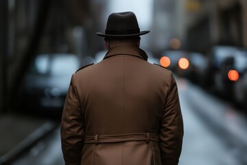 A man wearing a brown coat and hat is standing on a street