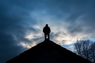 A lone silhouette of a man standing on a rooftop against a dramatic twilight sky, contemplating the vastness.