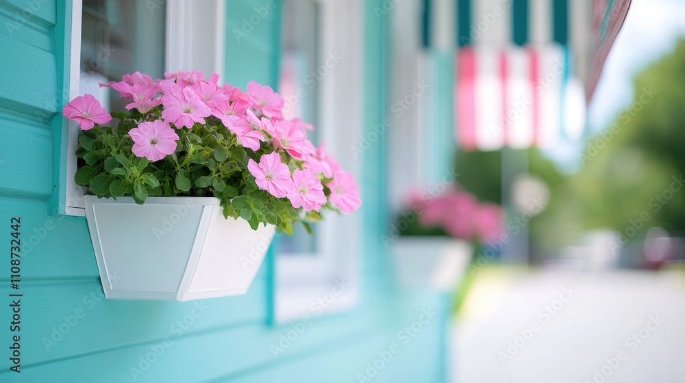 Poster a charming storefront with a striped awning and flower boxes, inviting customers to browse local bus