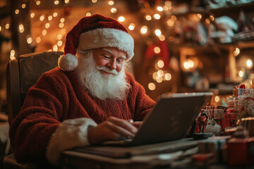 Obraz premium Santa Claus using a laptop in his workshop, surrounded by gift-wrapped presents and twinkling lights.