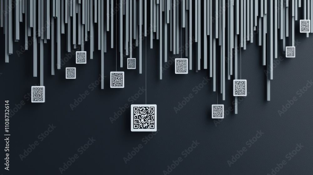Poster a pattern of barcodes and qr codes in varying sizes and orientations, representing the prevalence of