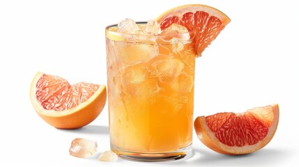 A glass of grapefruit juice with a slice on the rim, isolated on white