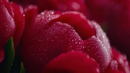 Vibrant red roses with dewdrops nature close-up floral photography serene environment macro viewpoint elegance