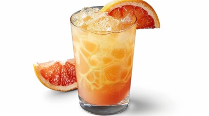 A glass of grapefruit juice with a slice on the rim, isolated on white