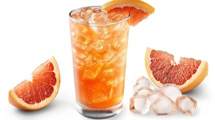 A glass of grapefruit juice with a slice on the rim, isolated on white