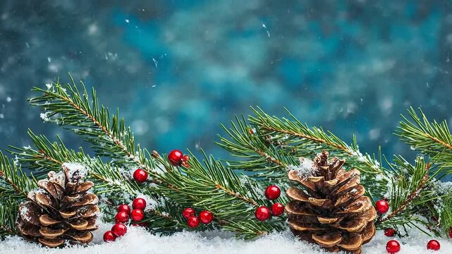 Winter holiday background with pine cones festive berries