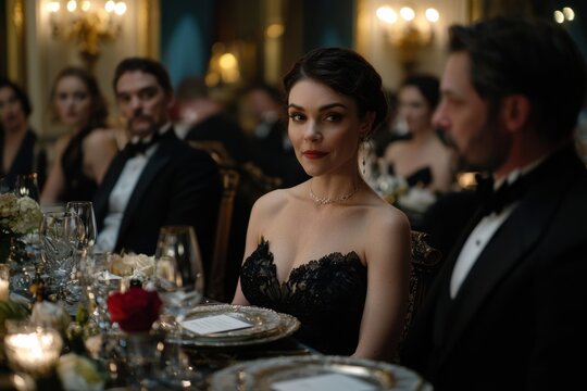 A woman in a black dress sits at a table with other people