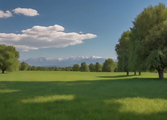 Fototapeta premium Wide Green Meadow with Trees and Snowy Mountains Under Blue Sky, Summer Nature Photograph