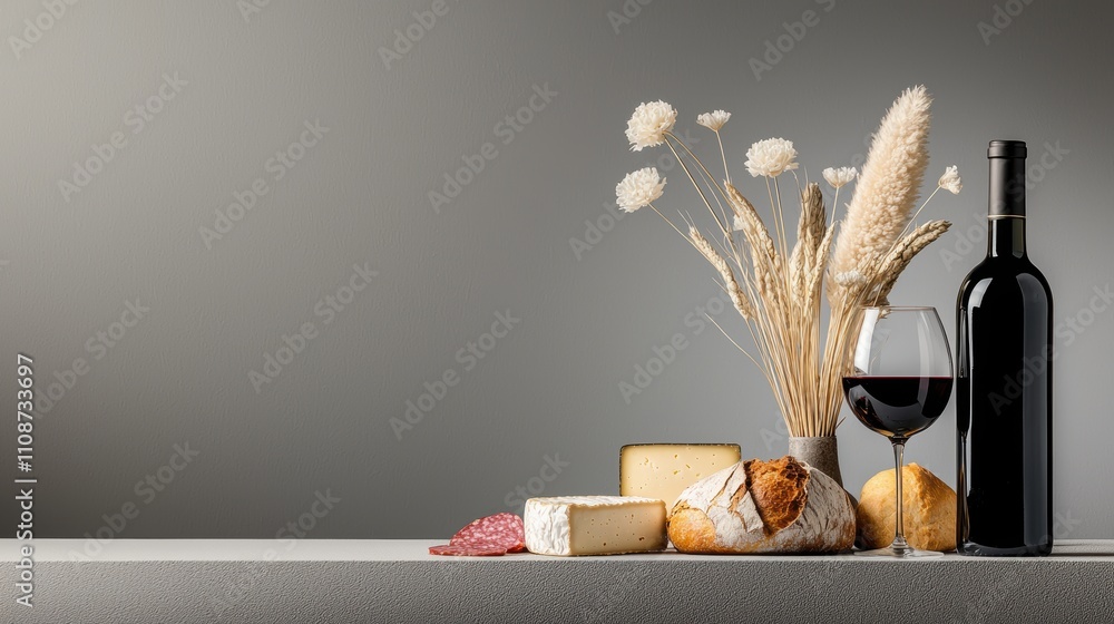 Poster a rustic table setting with a selection of cheeses, cured meats, bread, and wine from different regi