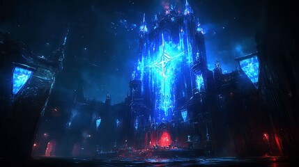 Obraz premium Majestic fantasy castle enchanted forest digital art nighttime aerial view imagination and wonder