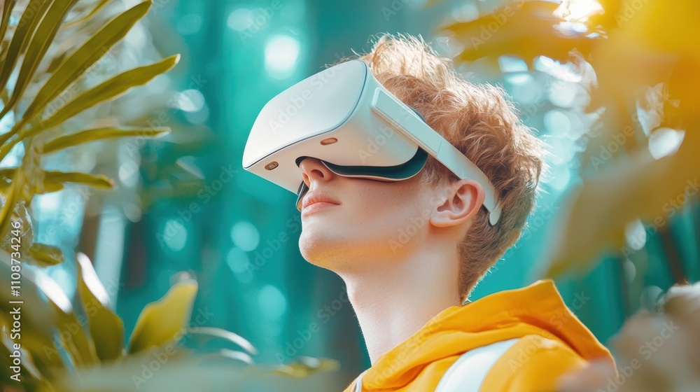 Poster a group of friends using a virtual reality headset to experience a simulated nature walk, blurring t