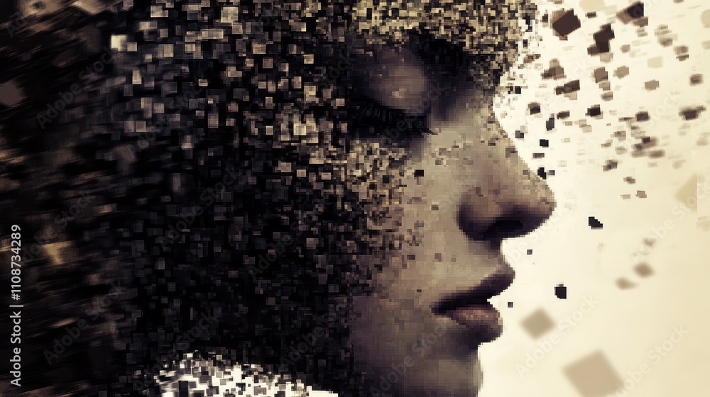 Poster an abstract pixel portrait where the face is composed of tiny squares in monochromatic tones, with a