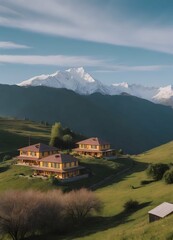 Fototapeta premium Scenic Mountain Village with Houses and Snow-Capped Peaks in Green Landscape, Nature Photograph