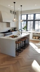 Fototapeta premium Minimalist open kitchen in Copenhagen style with island seating and chevron oak floors