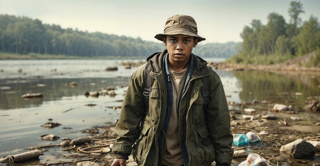 Naklejka premium Illustration of a Young Boy Facing the Harsh Realities of Water Pollution Near a Contaminated Riverbank, generative AI