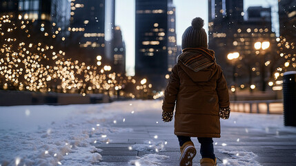 Obraz premium A young child bundled in a warm winter coat, scarf, and hat, walking slowly toward the heart of a snowy city where a towering Christmas tree stands illuminated with sparkling golden lights and colorfu