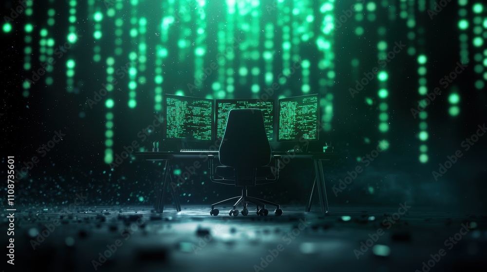 Poster A technology desk in a darkened room, illuminated by the glow of multiple monitors displaying data visualizations and analytics, creating a sense of mystery and the power of big data.