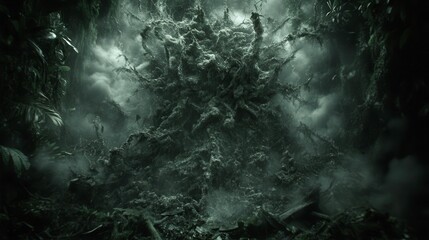 Mysterious growth emerges in lush jungle nature scene dark environment enigmatic viewpoint plant concept