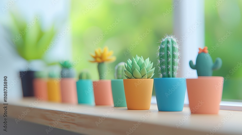 Poster a desk with a wooden tabletop, adorned with a collection of small cacti and succulents in colorful p