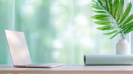 A standing desk in a home office setting, featuring a laptop, a plant, and a yoga mat rolled up in the corner, suggesting a balanced and holistic approach to work life integration.