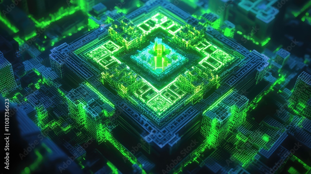 Poster an intricate pixelated mandala with multiple layers of geometric patterns, highlighted by neon green