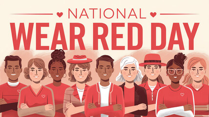 National Wear Red Day lettering and a people wearing red clothing in solidarity for heart health awareness, greeting poster, generative AI