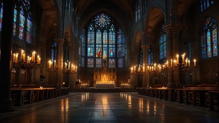 Fototapeta premium Tranquil church interior with lit candles, stained glass, and altar.